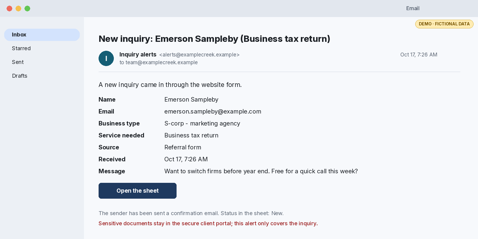 Alert email to the firm summarizing a new website inquiry