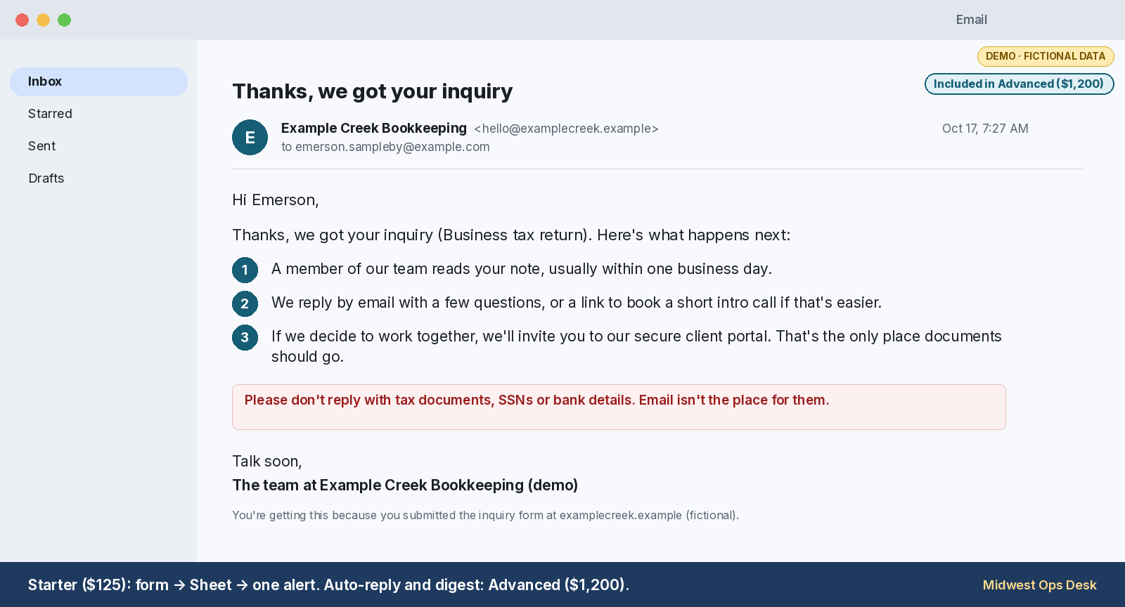 Auto-reply email telling the sender what happens next, labeled $1,200 feature